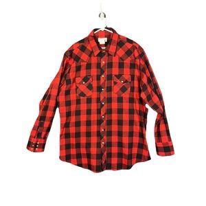 Wrangler Wrancher Flannel‎ Shirt Red Black Plaid Western Snap Pearl Snap 2XLT